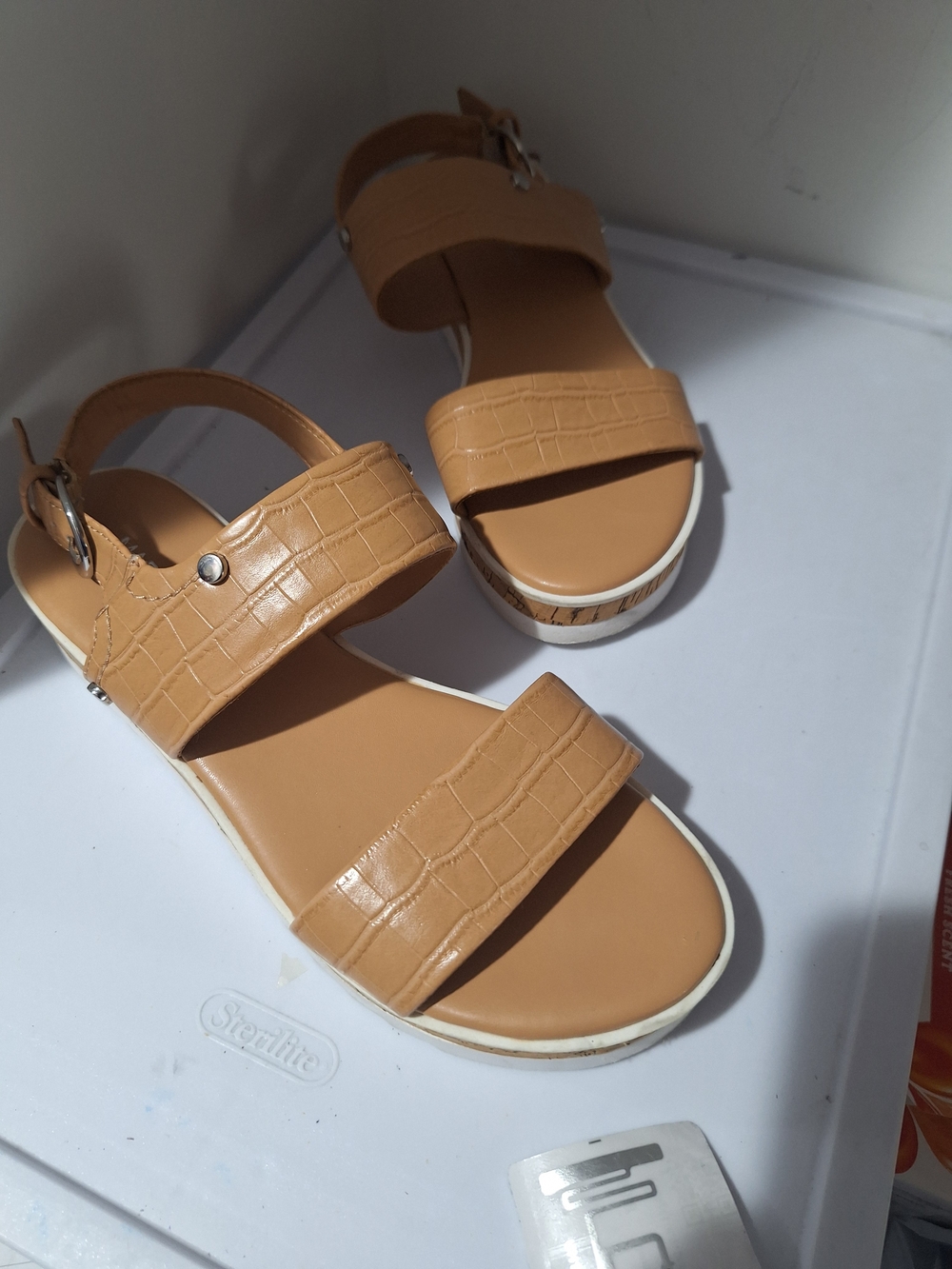 Marc Fisher Tan Croc-Embossed Platform Sandals